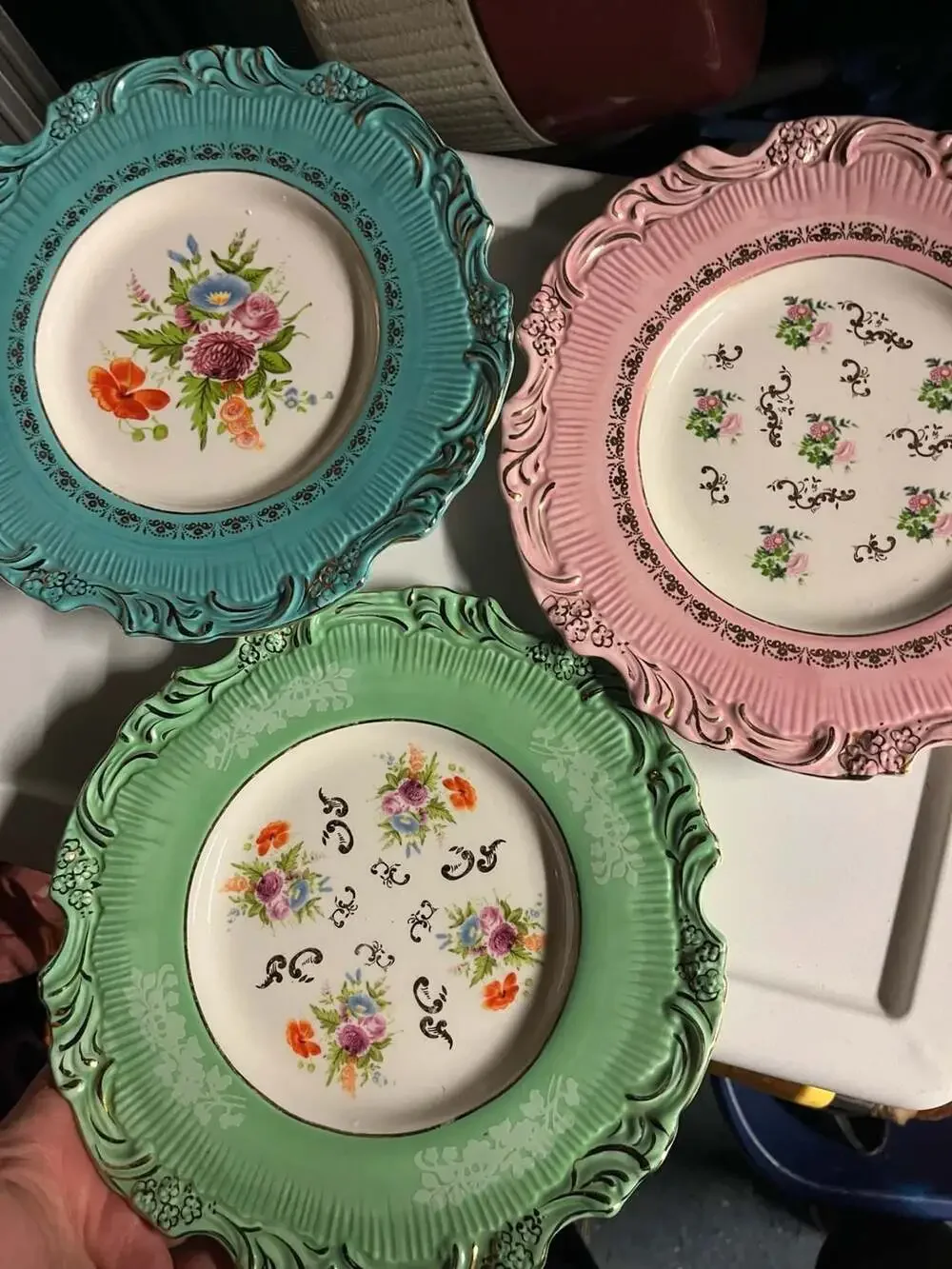Vintage Baroque Style Scalloped Floral Decorative Plates with Gold Trim